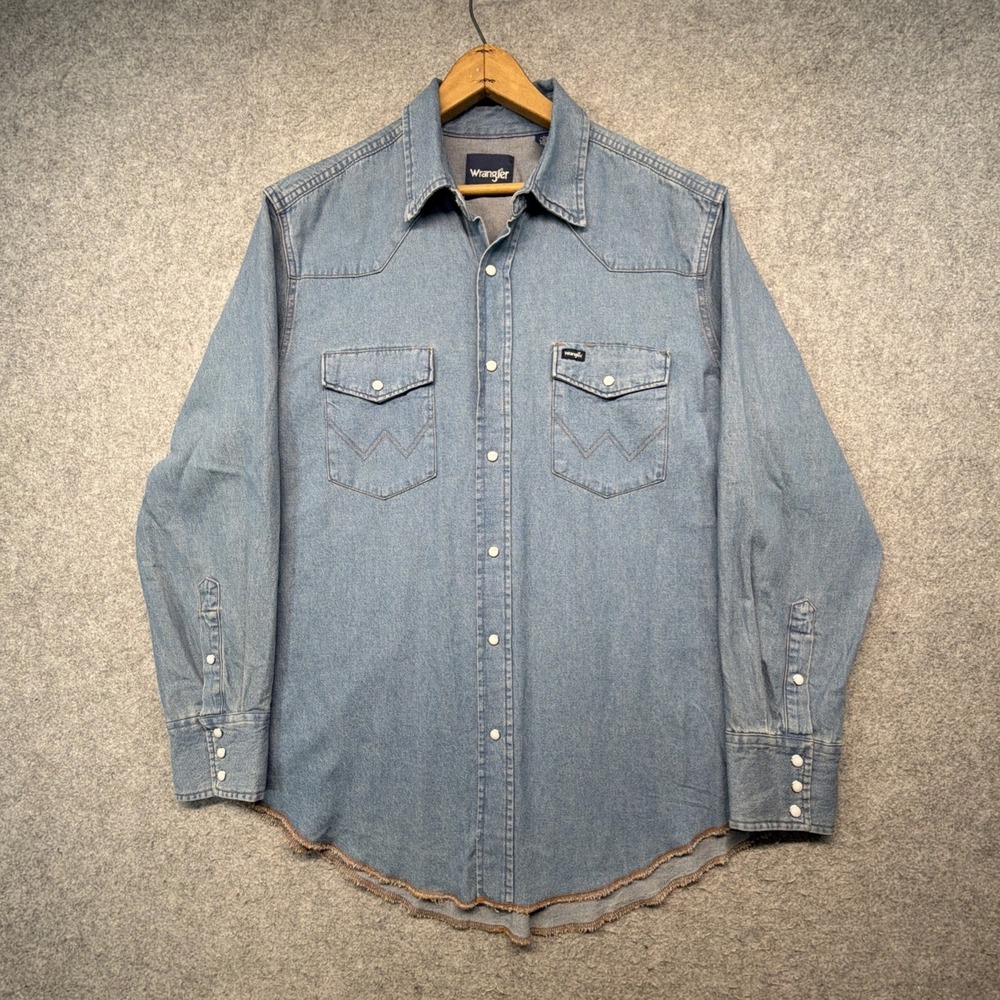 Vintage Wrangler Pearl Snap Denim Shirt Mens Large Blue Western Cowboy Popper